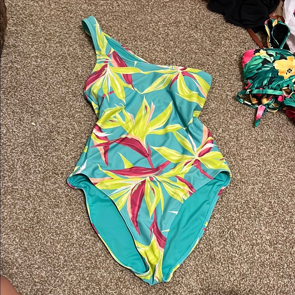 Old Navy Teal Floral One-Shoulder Swimsuit